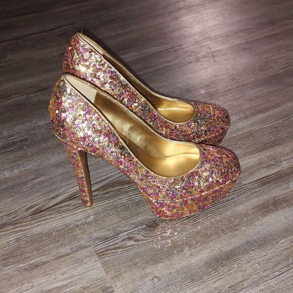 Jessica Simpson multi colored closed square toe sequin 5.5” pumps, size 8.5 - Picture 5 of 9